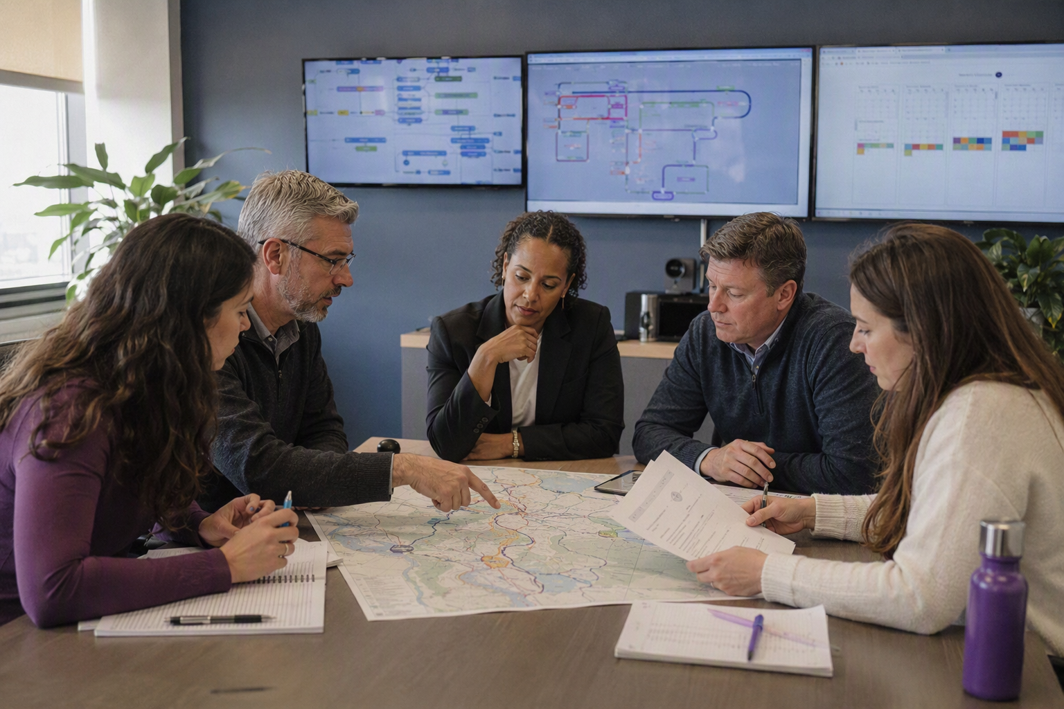A cross-functional review workshop in a bright conference room, showing five professionals representing telecom engineering,