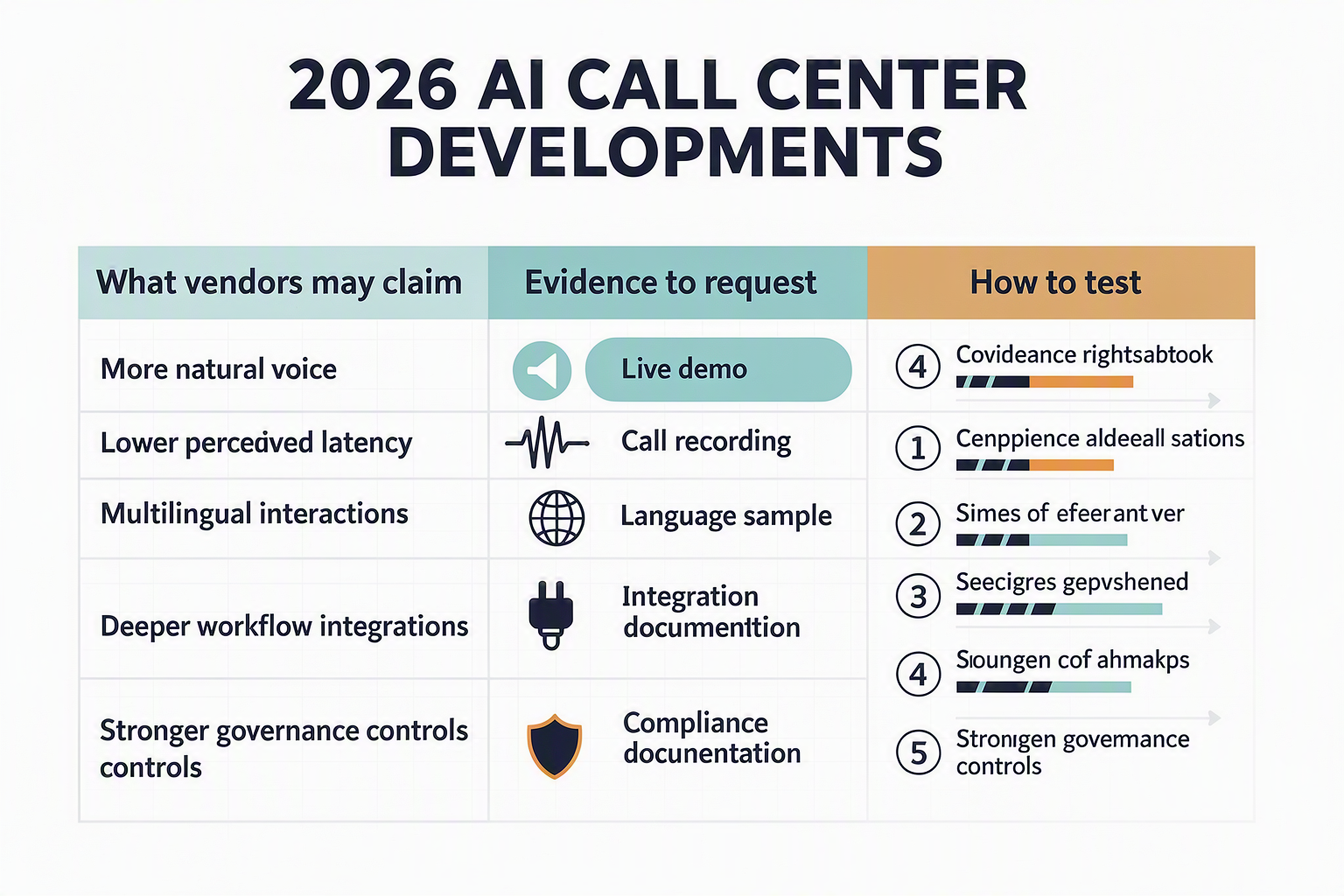 A verification-first table infographic titled 2026 AI CALL CENTER DEVELOPMENTS with five rows labelled More natural voice,
