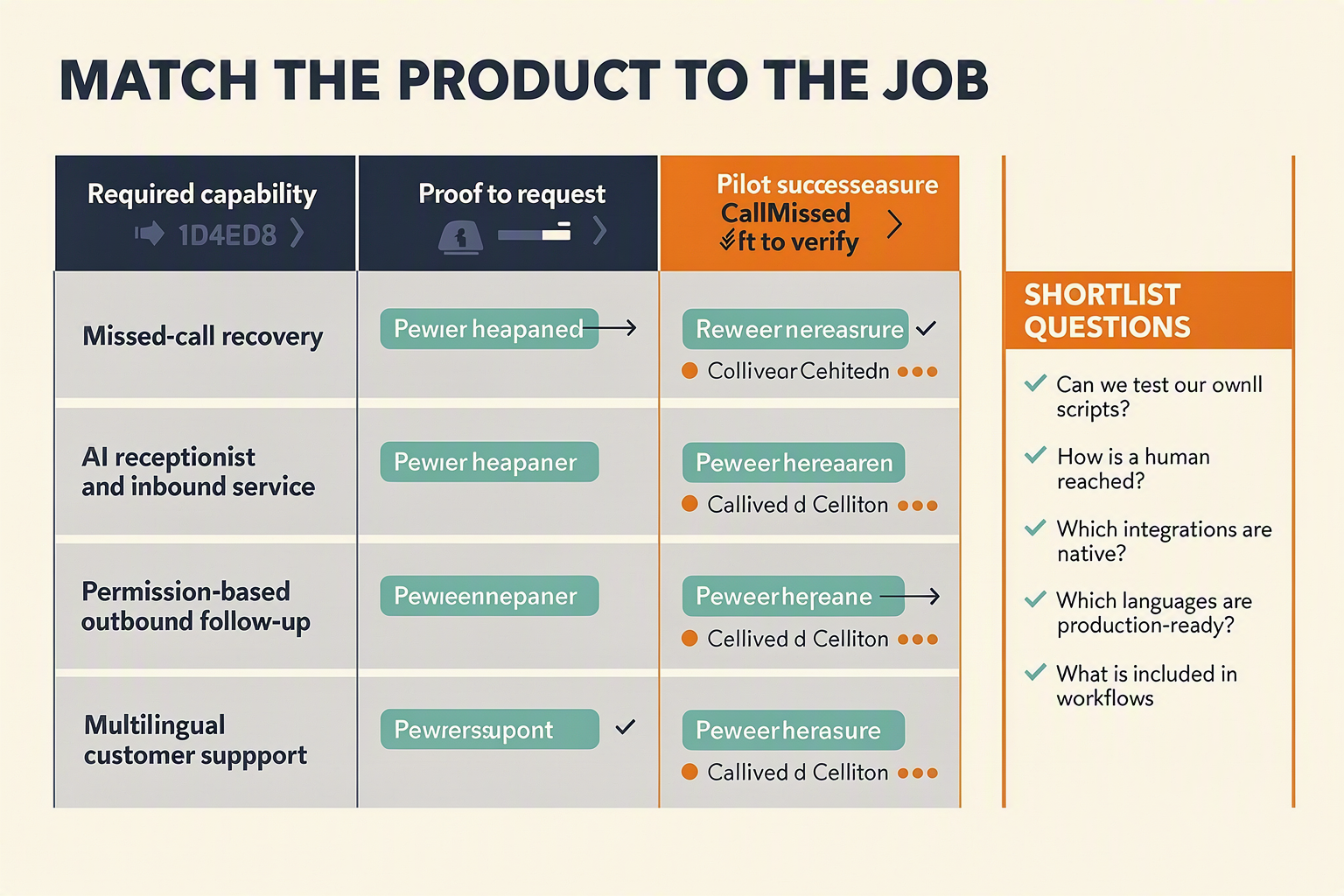 A shortlist worksheet titled MATCH THE PRODUCT TO THE JOB with five use-case rows labelled Missed-call recovery, AI