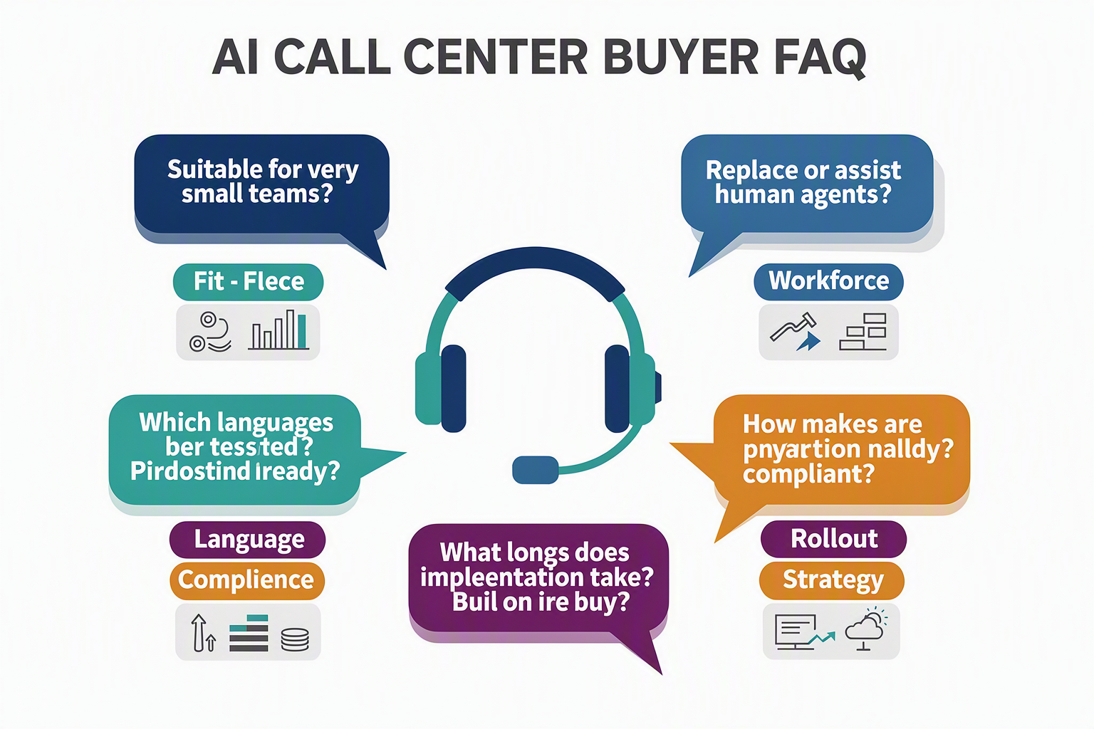 An FAQ decision-board infographic titled AI CALL CENTER BUYER FAQ