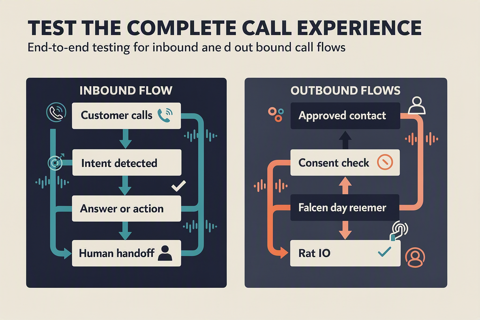 A split-path technical infographic titled TEST THE COMPLETE CALL EXPERIENCE