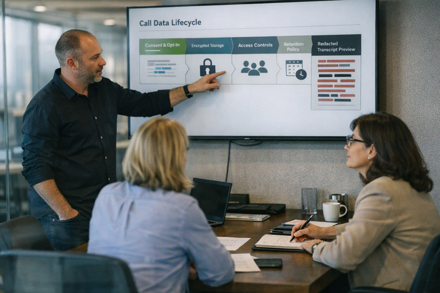 A privacy and compliance team meeting in a glass-walled conference room, with a security lead, operations manager, and legal
