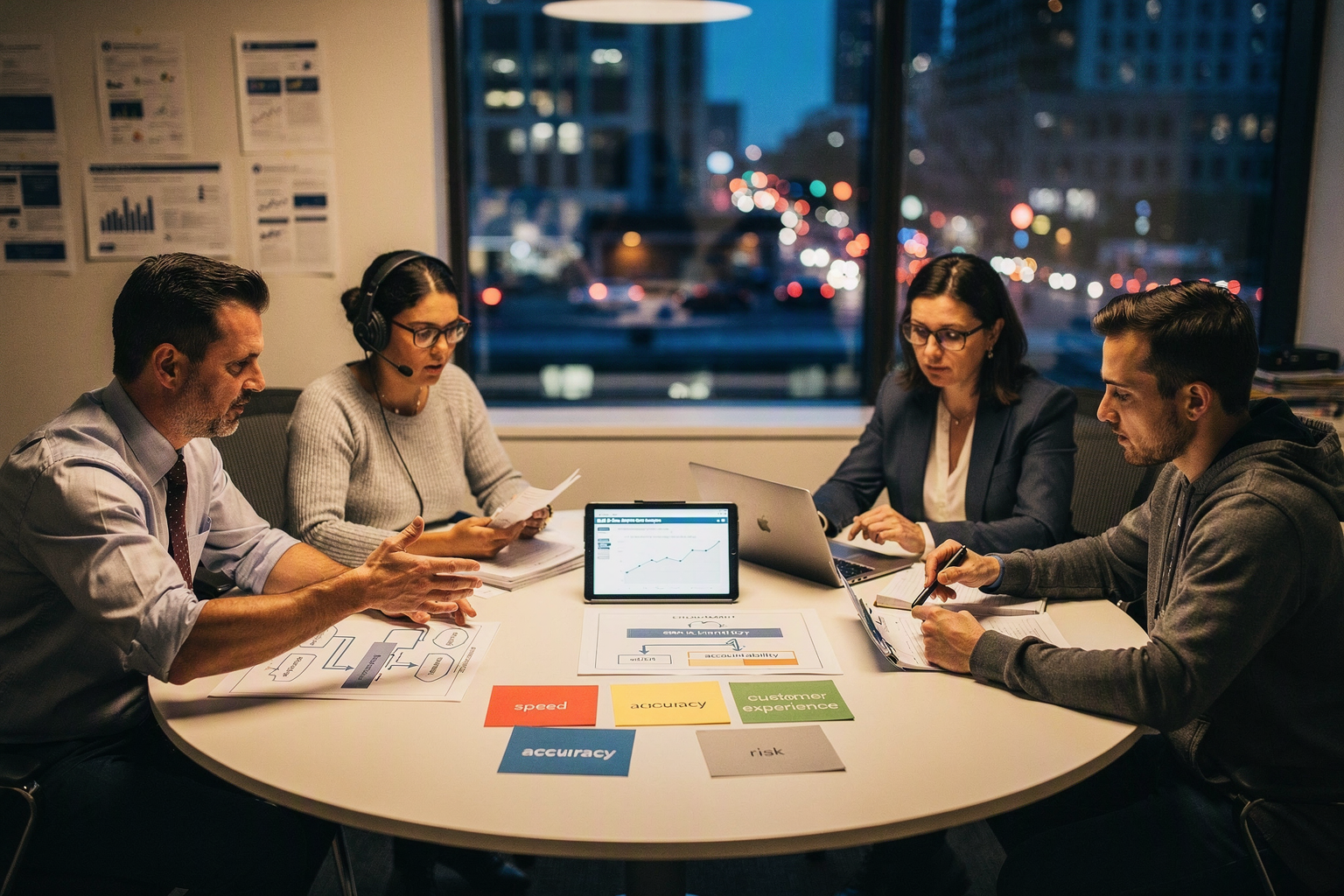 A cross-functional roundtable in a contemporary operations studio, featuring a sales leader, support manager, CRM