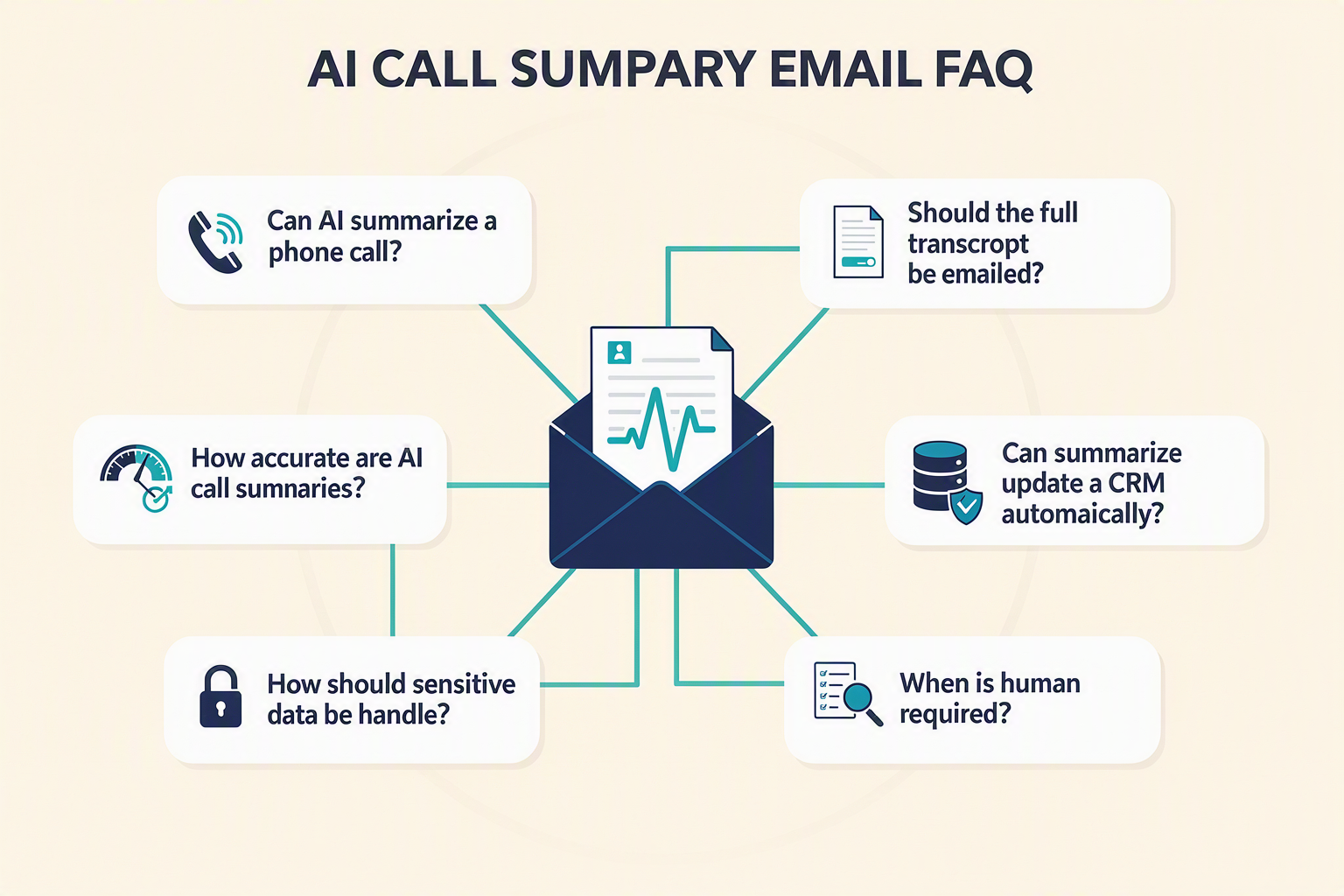 A concise FAQ knowledge-map infographic titled AI CALL SUMMARY EMAIL FAQ with six connected question cards arranged around