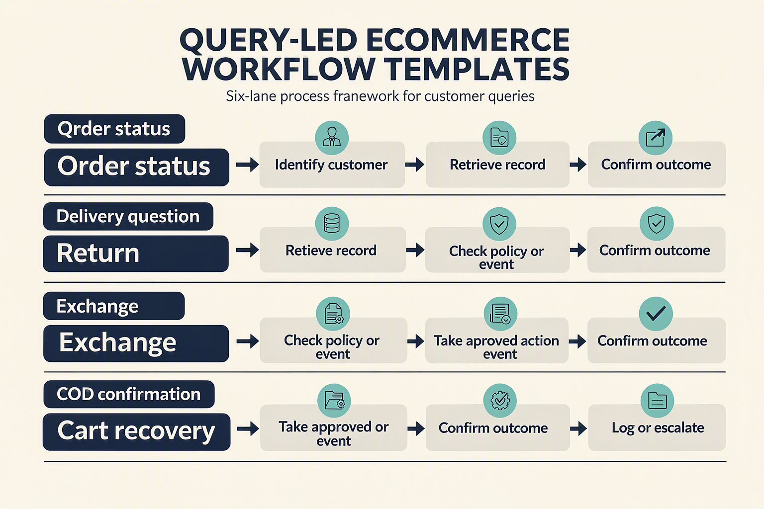 A detailed six-lane process infographic titled QUERY-LED ECOMMERCE WORKFLOW TEMPLATES