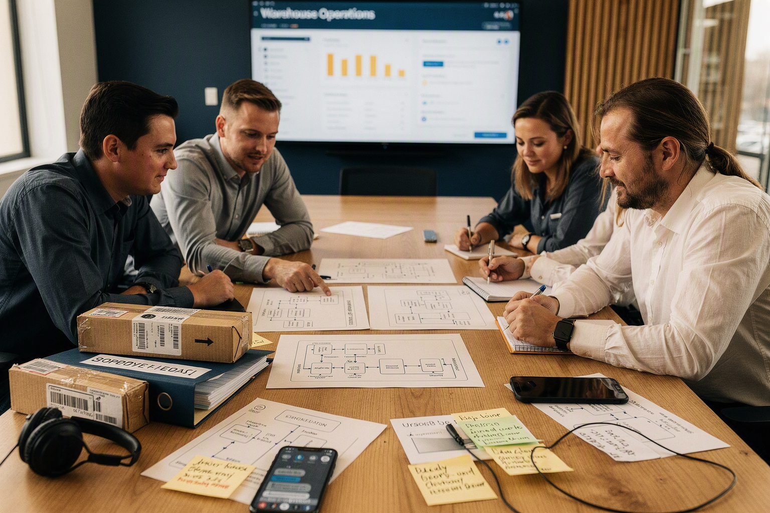 A cross-functional workshop in a bright ecommerce headquarters where a support leader, fulfillment manager, data analyst,