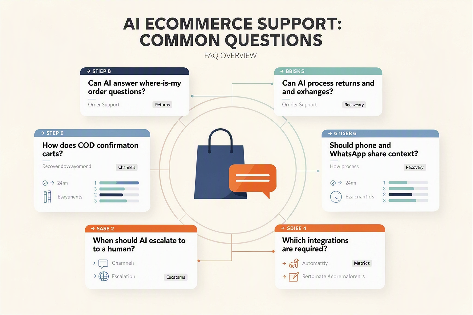 A structured FAQ infographic titled AI ECOMMERCE SUPPORT: COMMON QUESTIONS arranged as eight rounded question cards around a