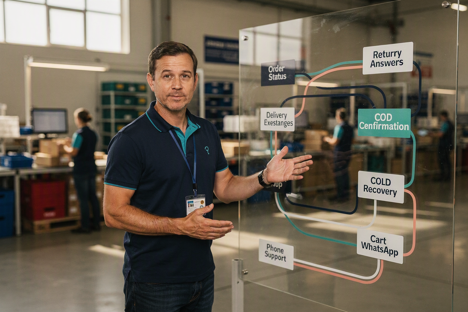 A customer support operations lead standing beside a large transparent workflow board in a modern ecommerce fulfillment