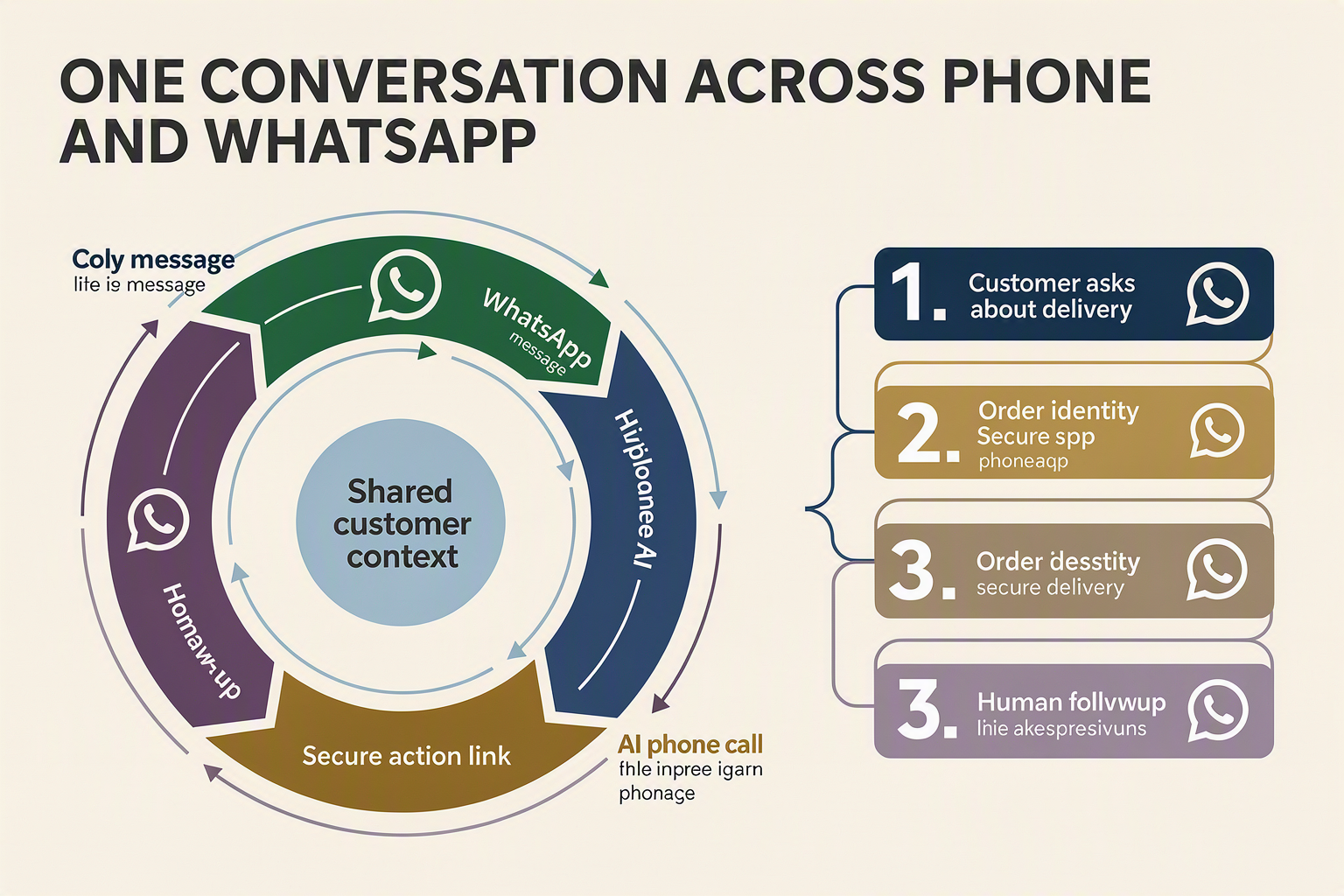 A circular omnichannel journey infographic titled ONE CONVERSATION ACROSS PHONE AND WHATSAPP