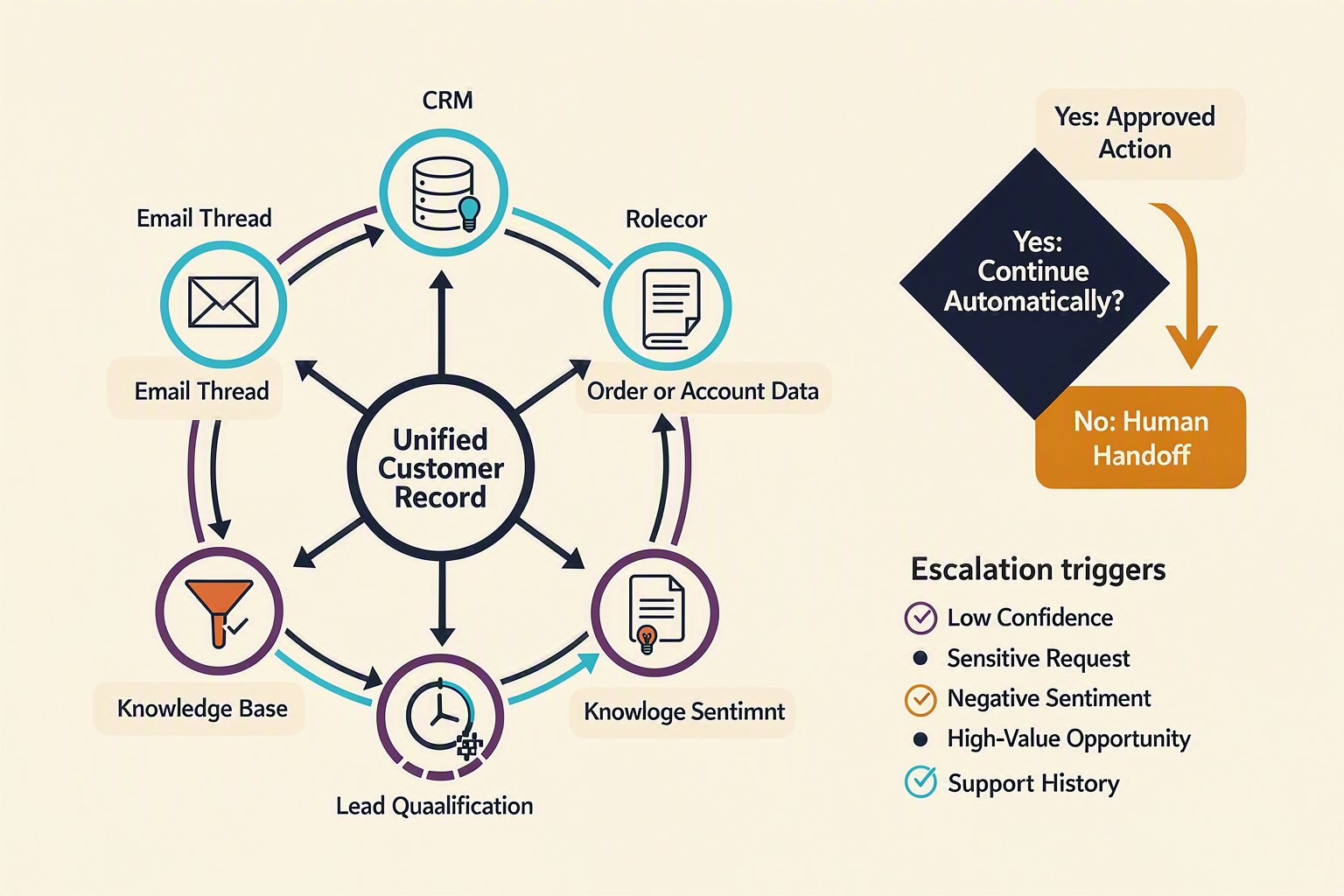 A circular systems diagram titled SHARED EMAIL CONTEXT AND ESCALATION with a central hub labeled Unified Customer Record