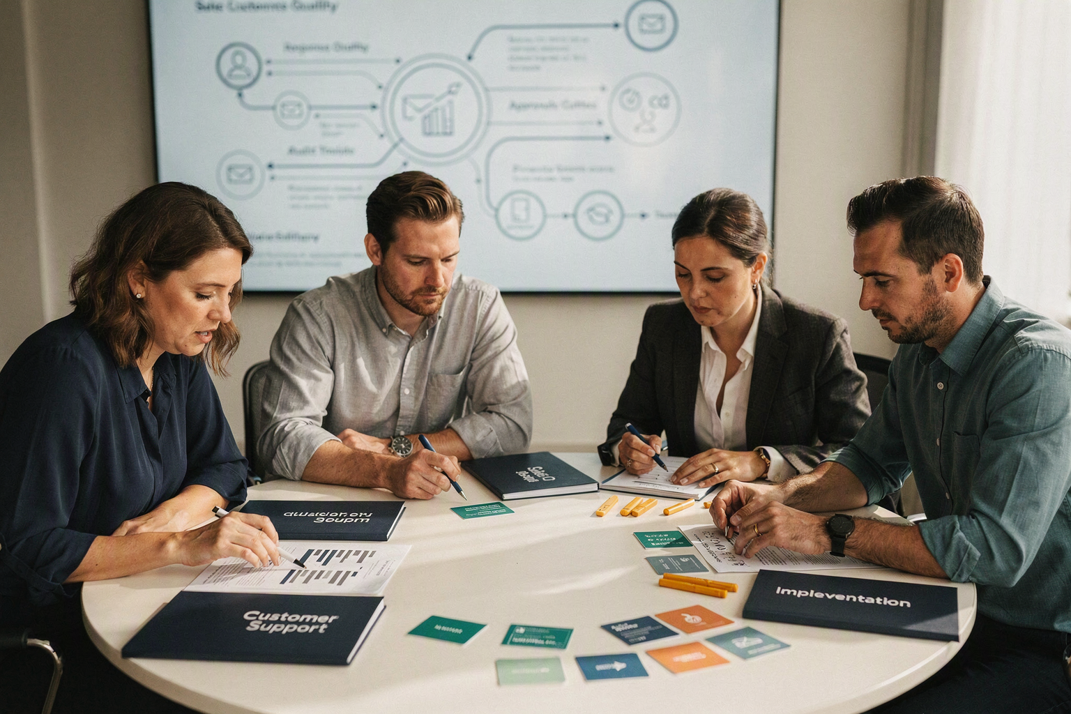 Four experienced professionals participating in a structured AI governance workshop around a large circular table: a