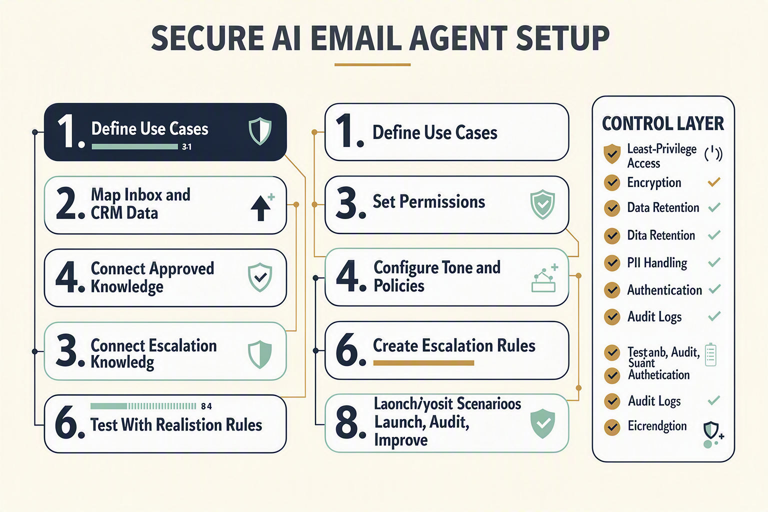 A vertical implementation-checklist infographic titled SECURE AI EMAIL AGENT SETUP with eight numbered cards stacked in two