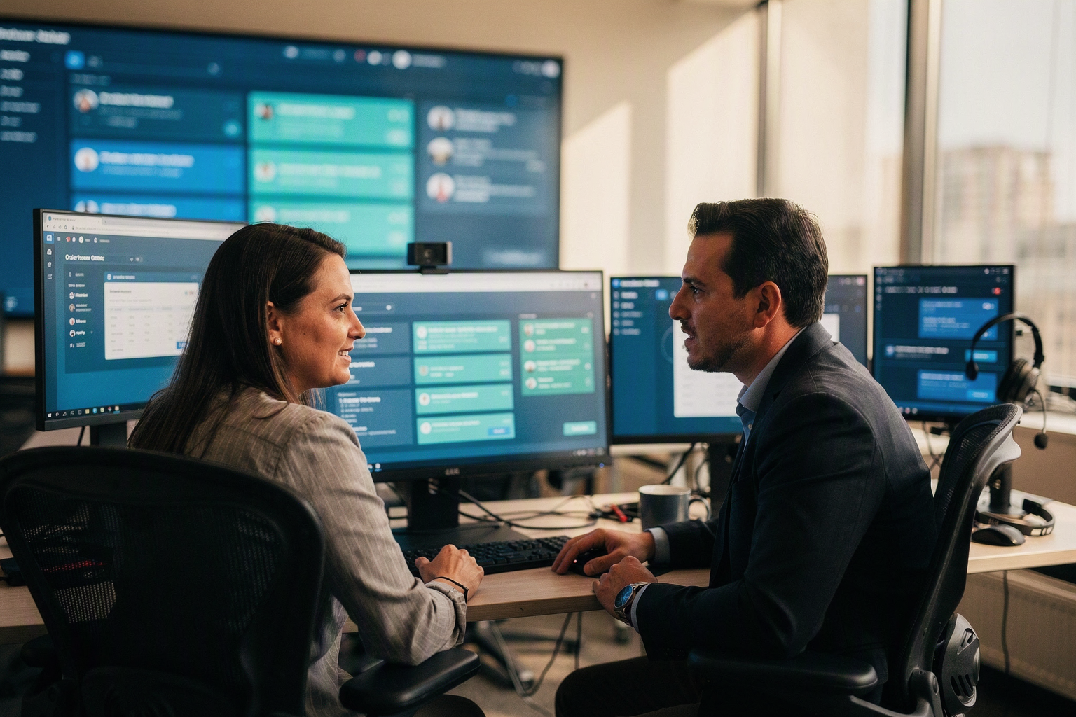 A customer support manager and a sales representative collaborating at a shared desk in a modern operations center, each