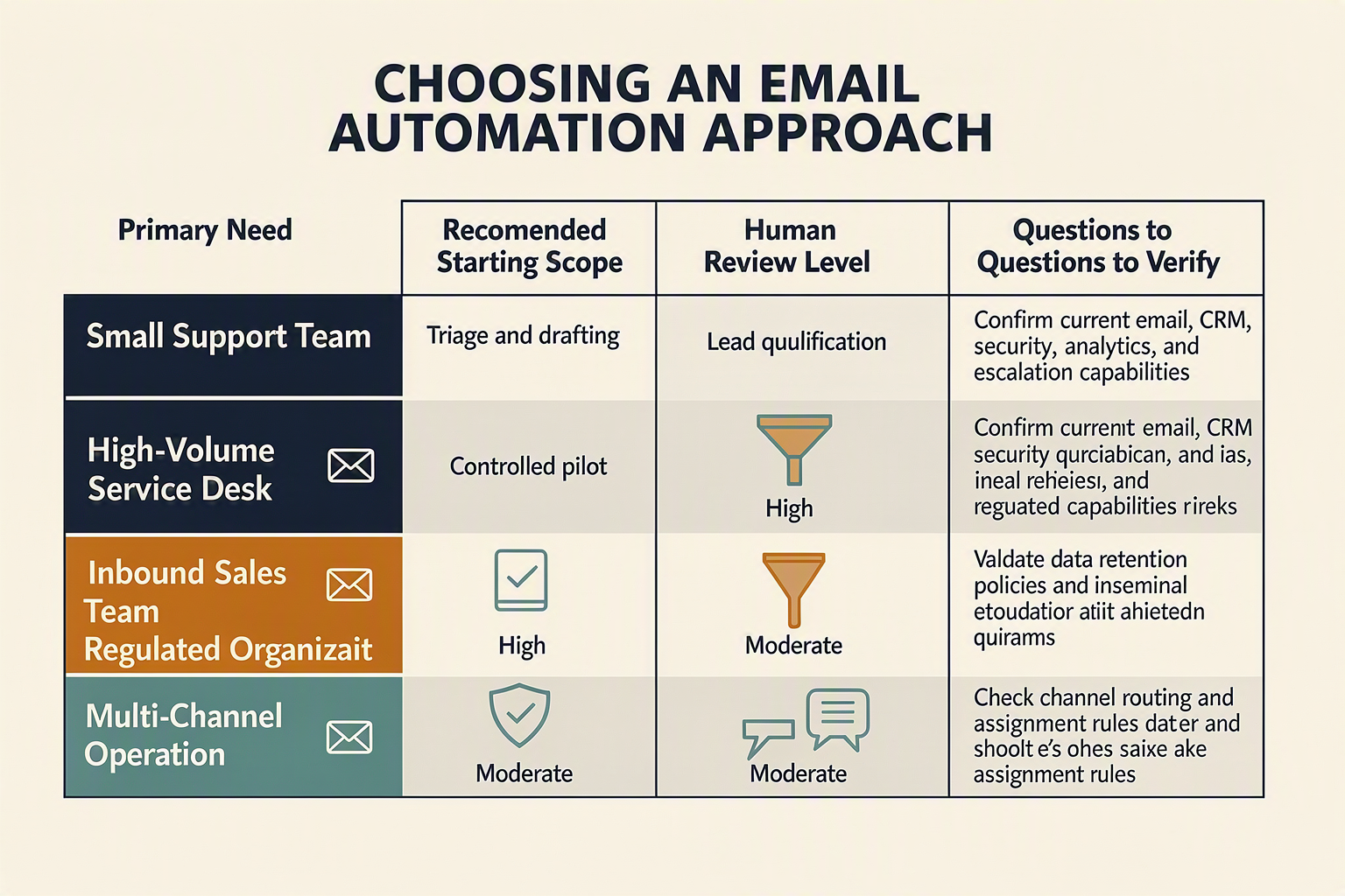 A decision-matrix infographic titled CHOOSING AN EMAIL AUTOMATION APPROACH with five rows labeled exactly Small Support