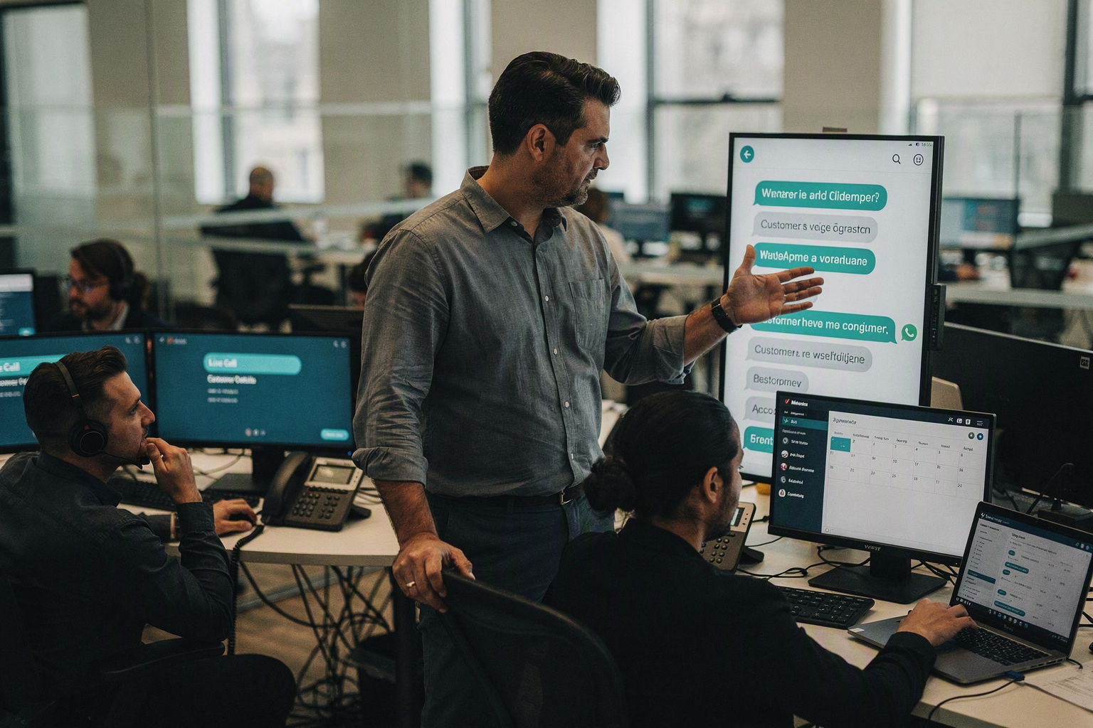 A busy but orderly sales operations floor in 2026, with a revenue operations leader standing between a voice-agent