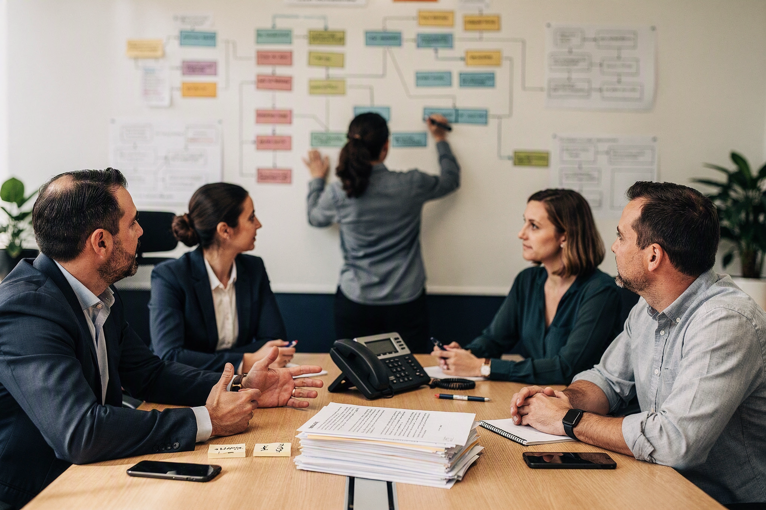 A collaborative prompt-design workshop in a bright strategy room where a sales leader, compliance specialist, conversation