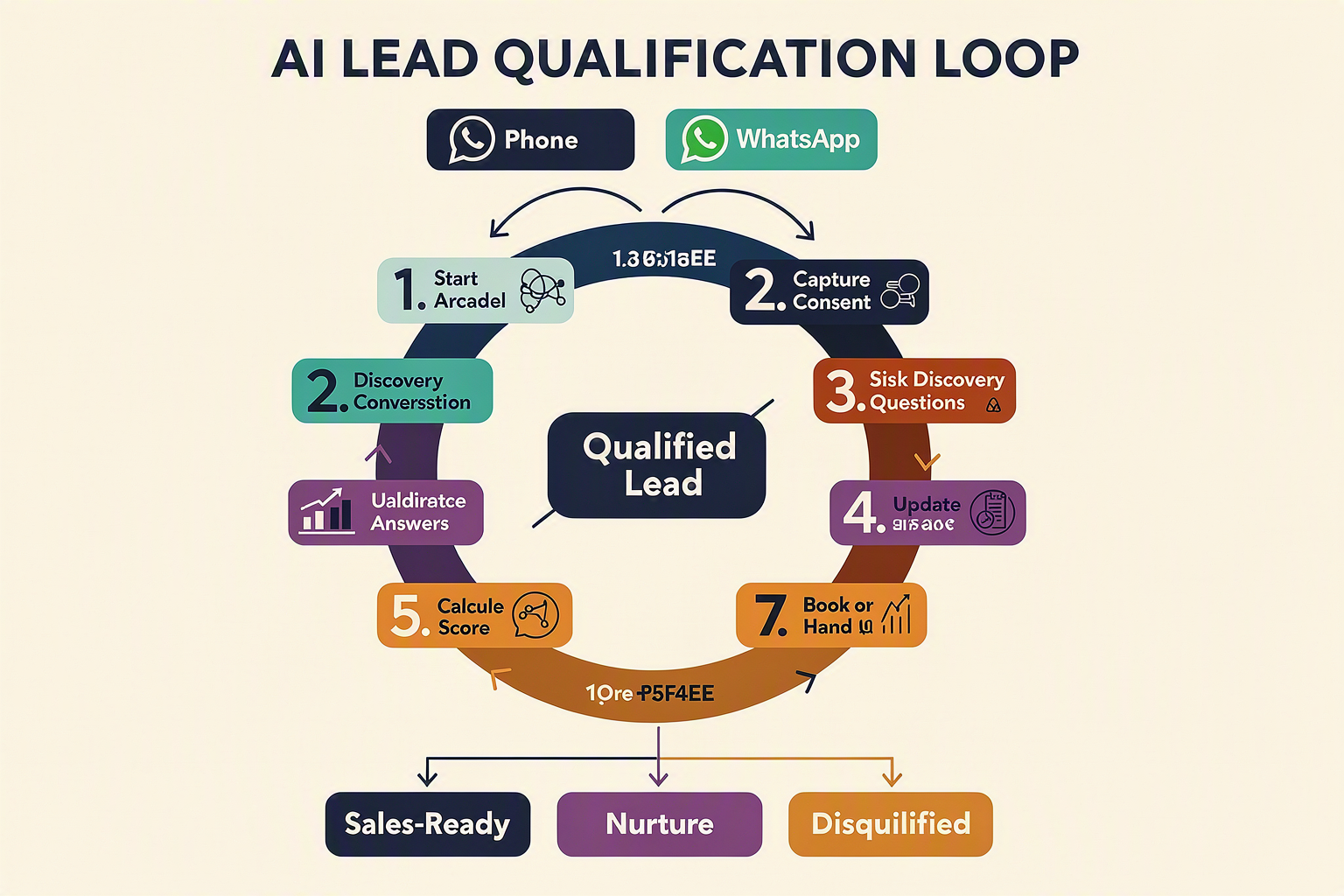 A detailed circular workflow infographic titled AI LEAD QUALIFICATION LOOP showing seven connected stages arranged clockwise