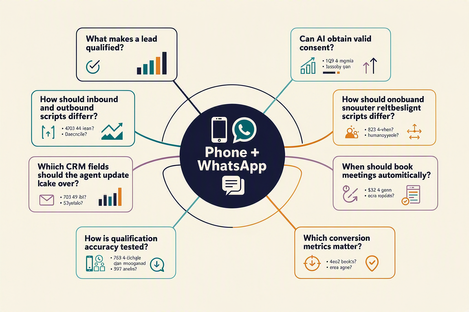A hub-and-spoke FAQ infographic titled AI LEAD QUALIFICATION FAQ with a central circle labelled Phone + WhatsApp and eight