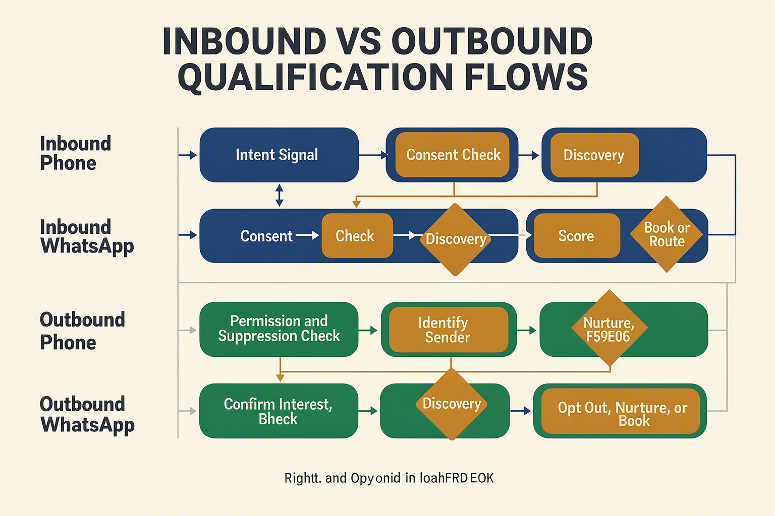 A four-lane swimlane infographic titled INBOUND VS OUTBOUND QUALIFICATION FLOWS