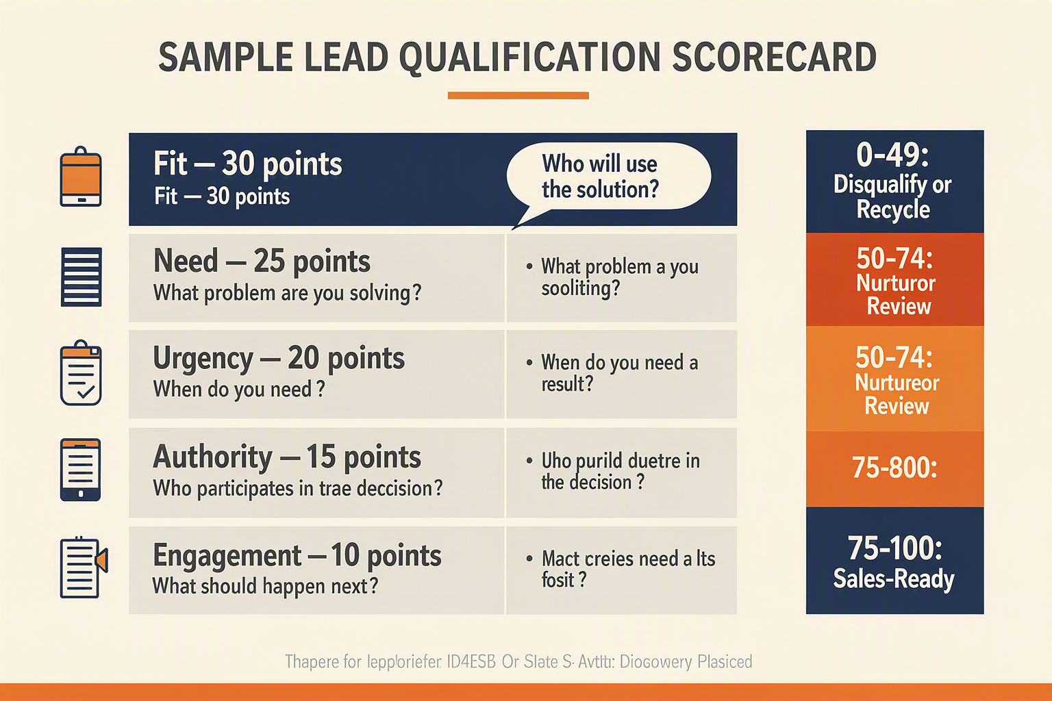 A comprehensive scorecard infographic titled SAMPLE LEAD QUALIFICATION SCORECARD