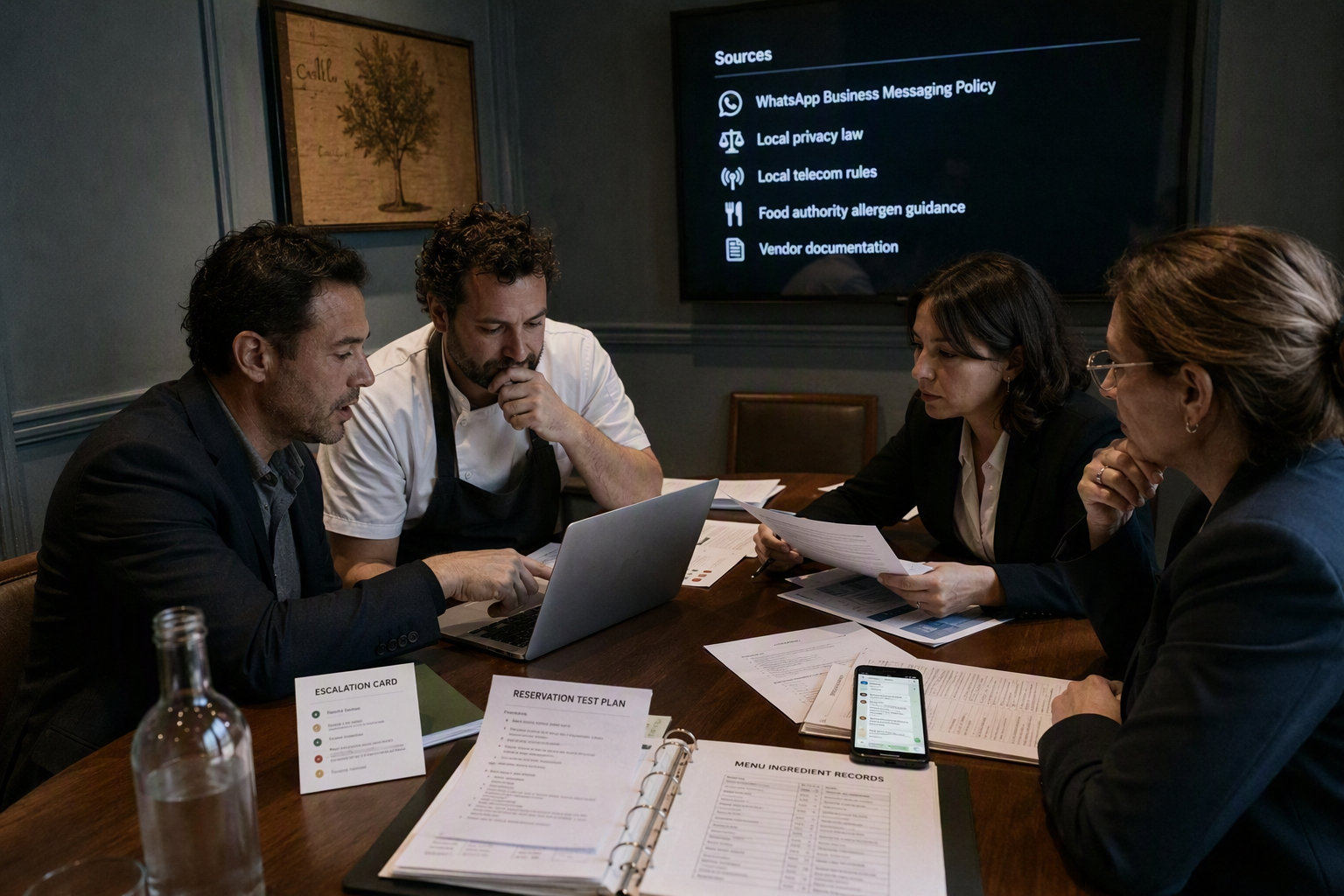 A restaurant operations workshop in a quiet private dining room before service, where a restaurant manager, head chef,