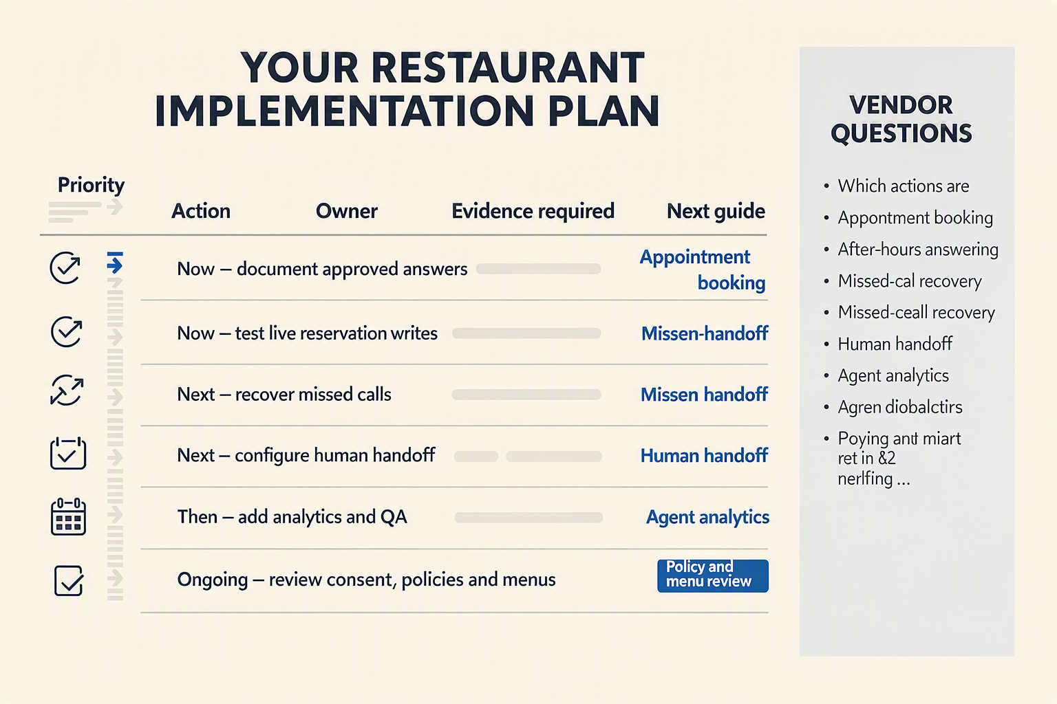 A practical action-priority table titled YOUR RESTAURANT IMPLEMENTATION PLAN with columns Priority, Action, Owner, Evidence