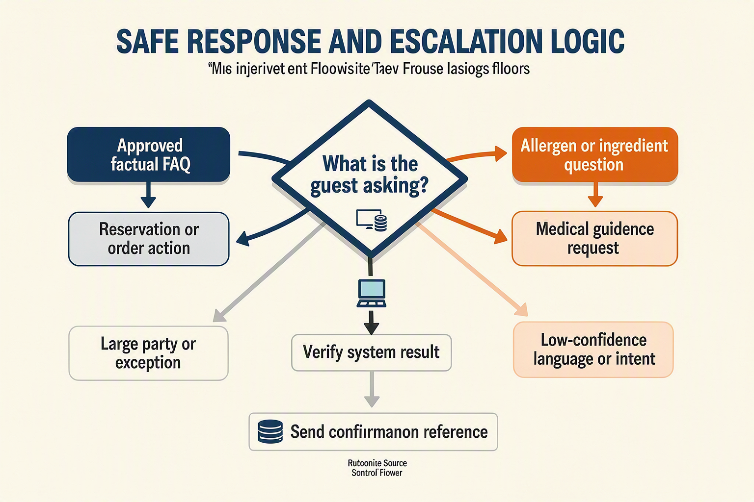 A decision-tree infographic titled SAFE RESPONSE AND ESCALATION LOGIC beginning with the diamond What is the guest asking?