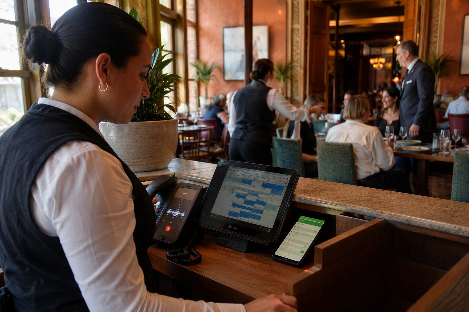 A restaurant host works calmly at a reception podium during a lively lunch service, with a telephone handset, reservation