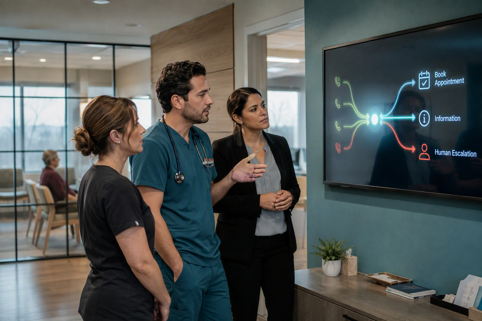 A calm clinic operations room during business hours, showing an office manager, receptionist, and clinician gathered around