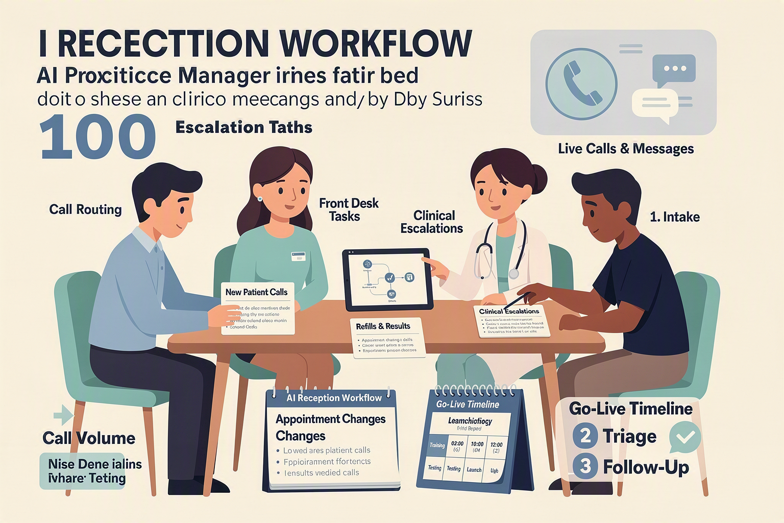 A welcoming consultation scene in a small clinic meeting room where a practice manager discusses an AI receptionist rollout