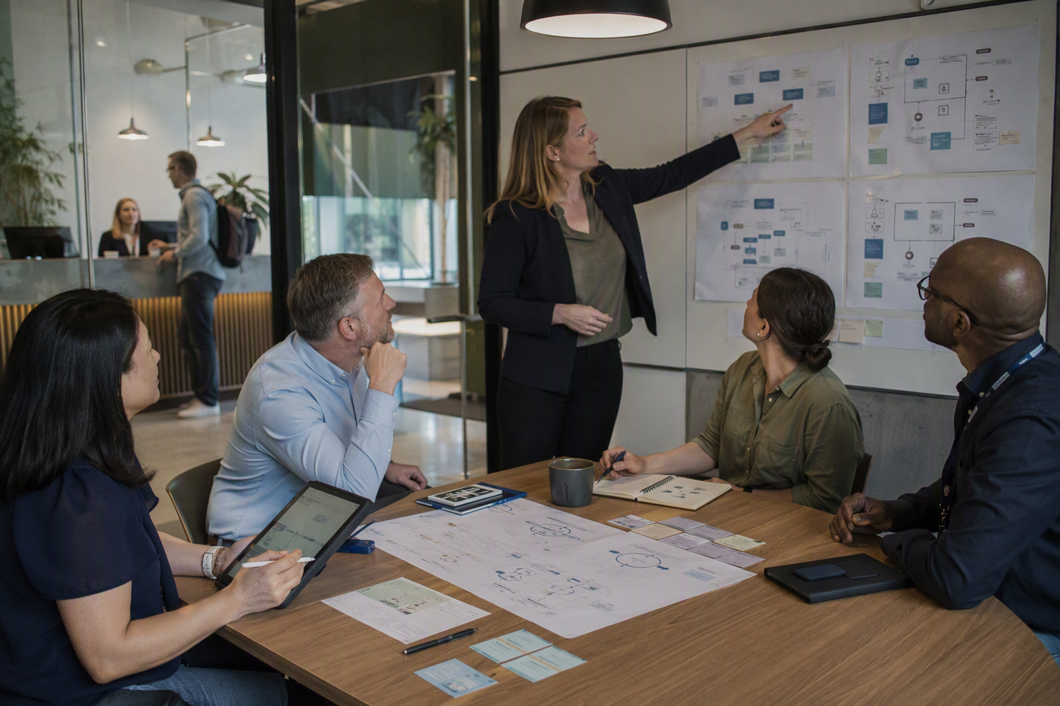 A collaborative governance workshop in a glass meeting room within a coworking centre