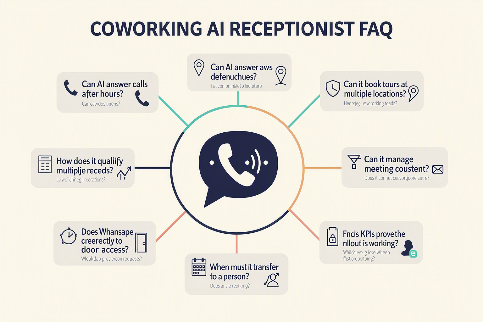 A clean question-and-answer hub infographic titled COWORKING AI RECEPTIONIST FAQ
