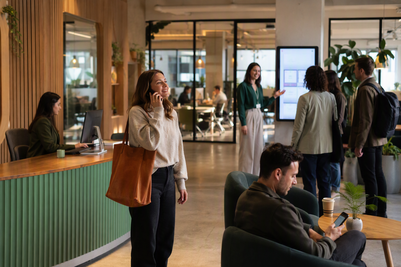A bright coworking reception area showing a coordinated omnichannel service experience: a prospective tenant speaking on a