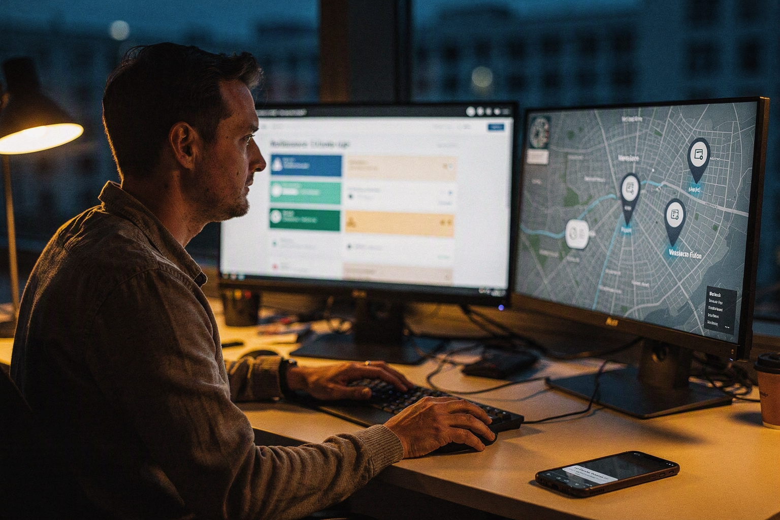 An evening scene inside a multi-location coworking operations centre after the reception desk has closed