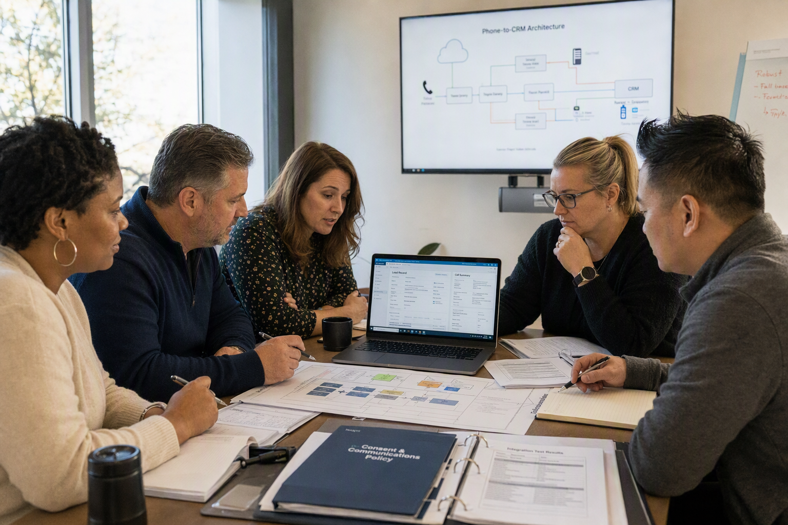 A collaborative workshop scene in a bright contemporary meeting room, with a revenue operations leader, sales manager,