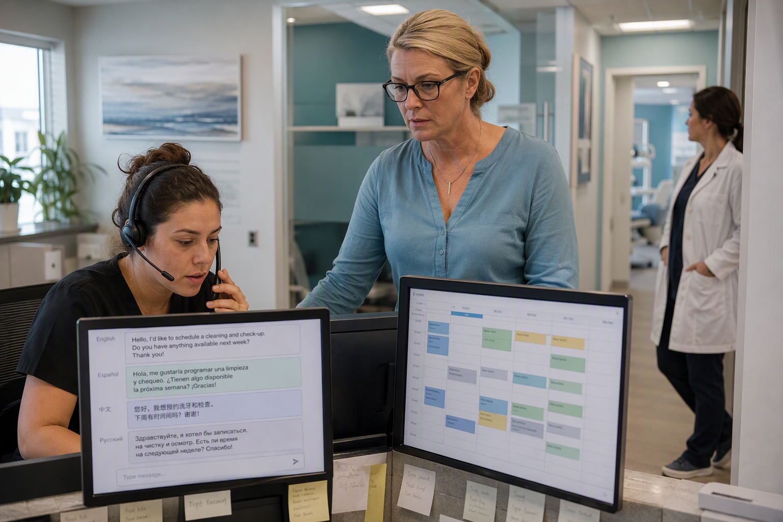 Show a morning scene in an independent dental practice as a receptionist, practice manager, and clinician review how an