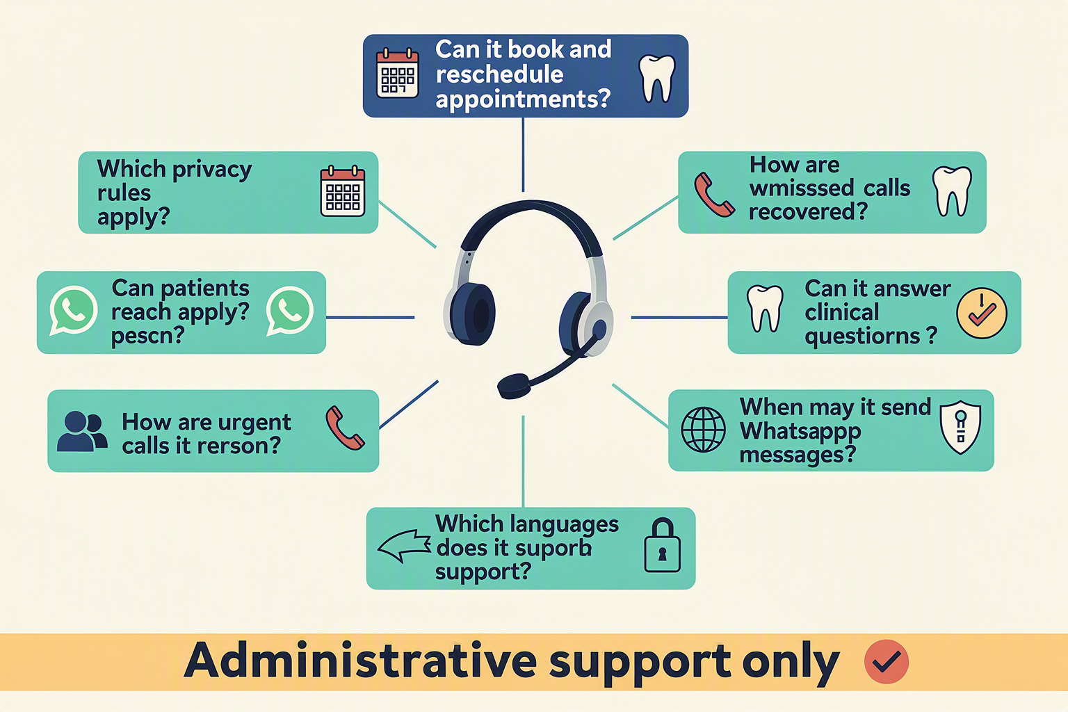 Design an FAQ hub titled DENTAL AI RECEPTIONIST FAQ with a central illustrated reception headset connected to eight question
