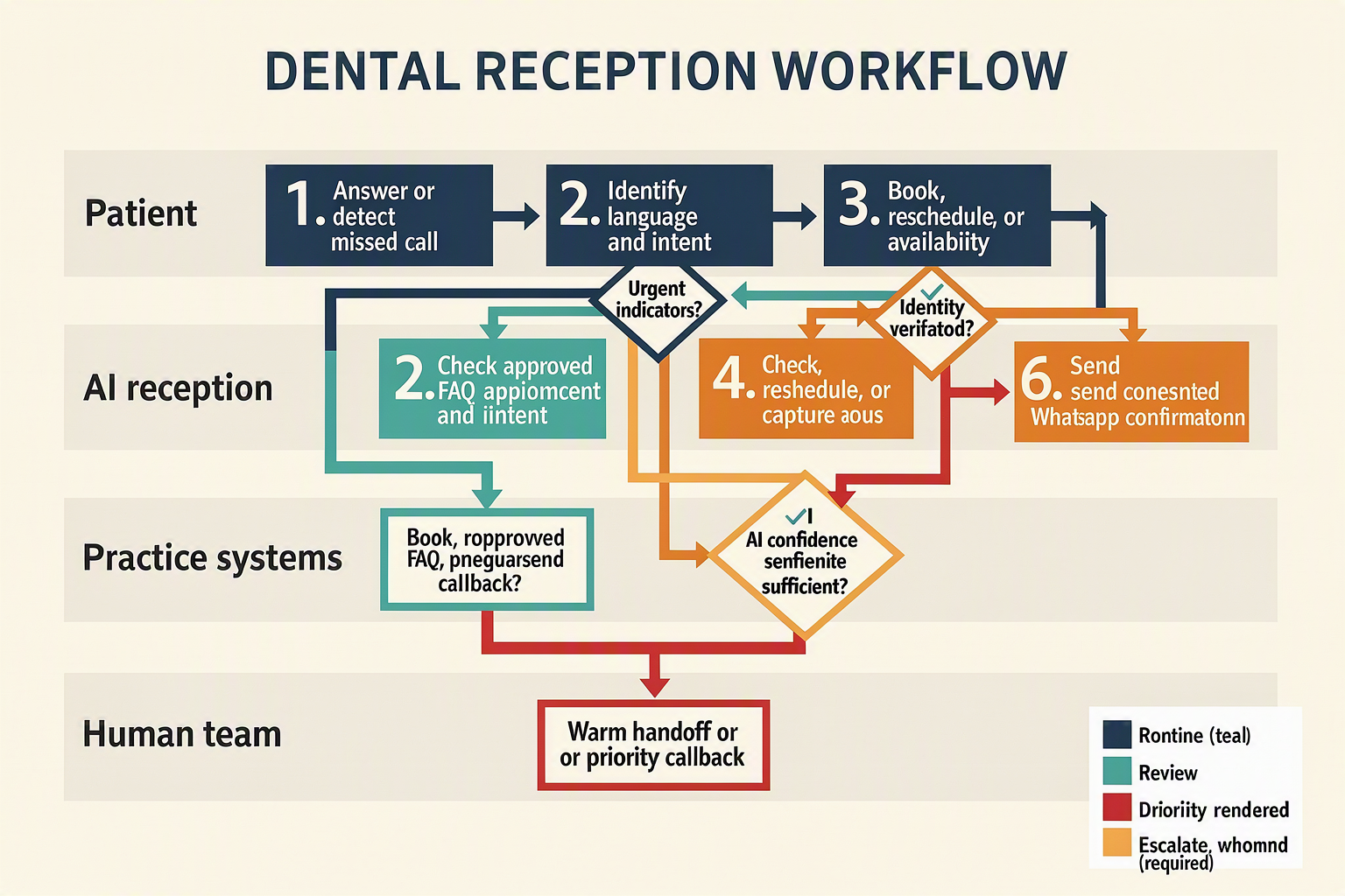 Create a horizontal swimlane workflow titled DENTAL RECEPTION WORKFLOW with lanes labelled Patient, AI reception, Practice