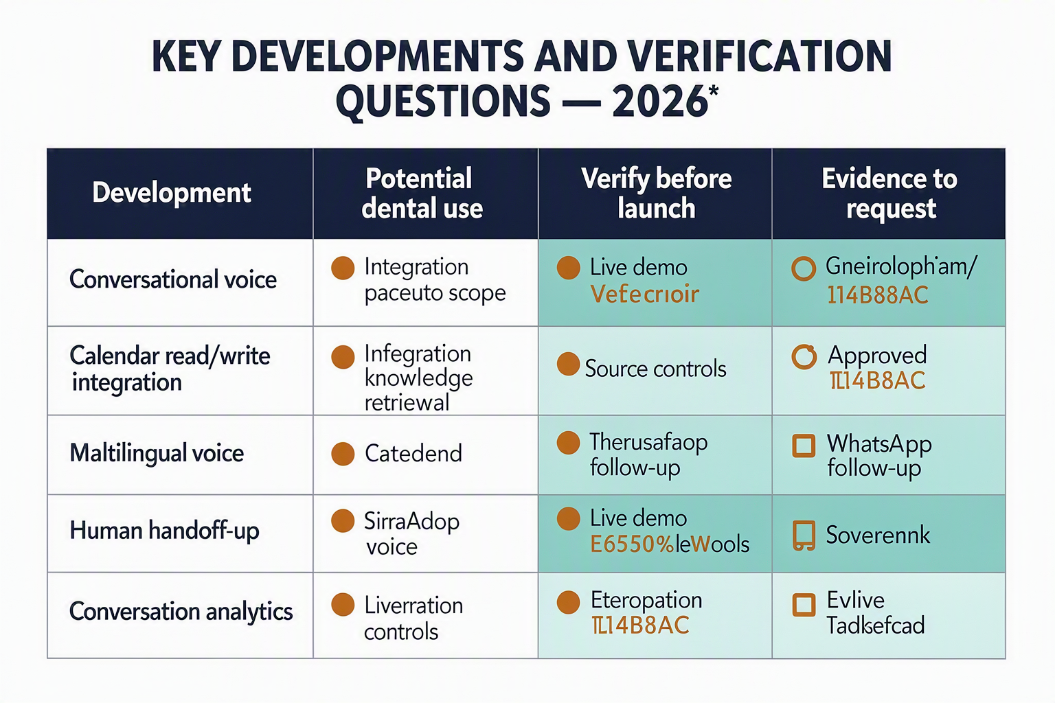 Design a wide comparison matrix titled KEY DEVELOPMENTS AND VERIFICATION QUESTIONS — 2026