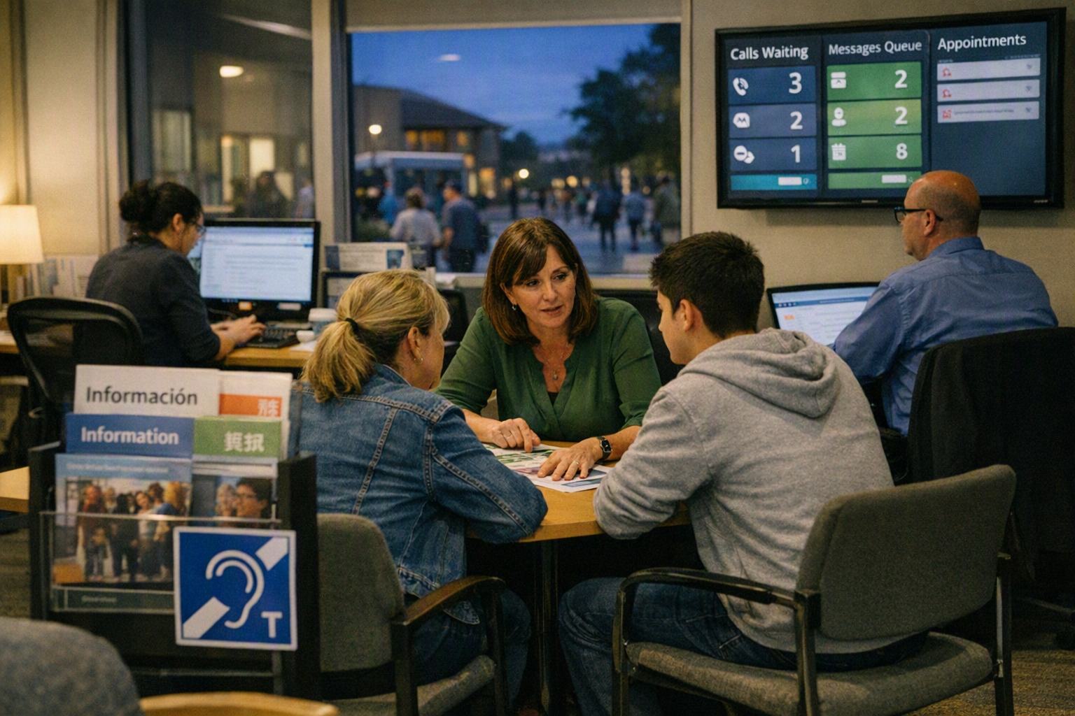 An evening scene inside a busy education provider’s admissions office during peak enrollment season