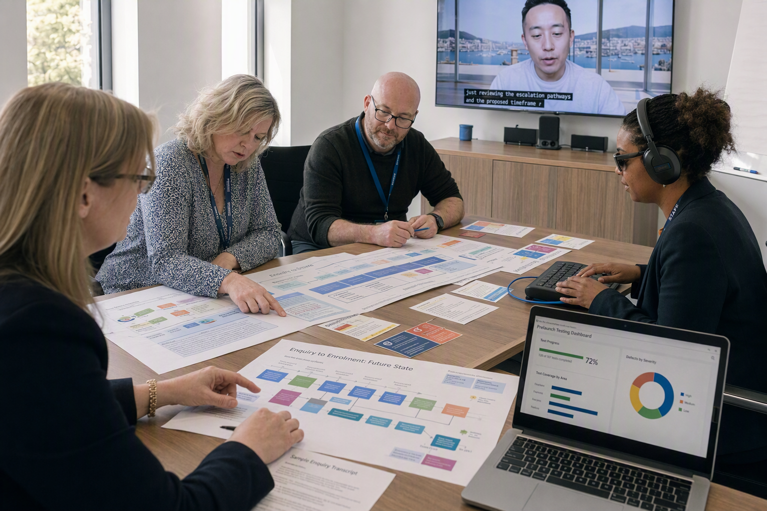 A structured prelaunch review workshop in a modern college meeting room