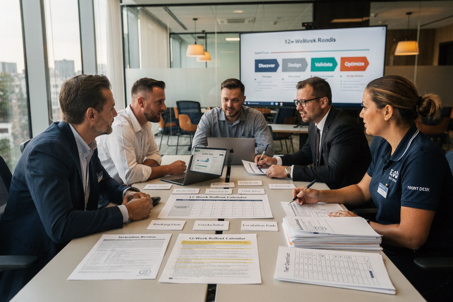 Show a cross-functional implementation workshop inside a bright conference venue boardroom