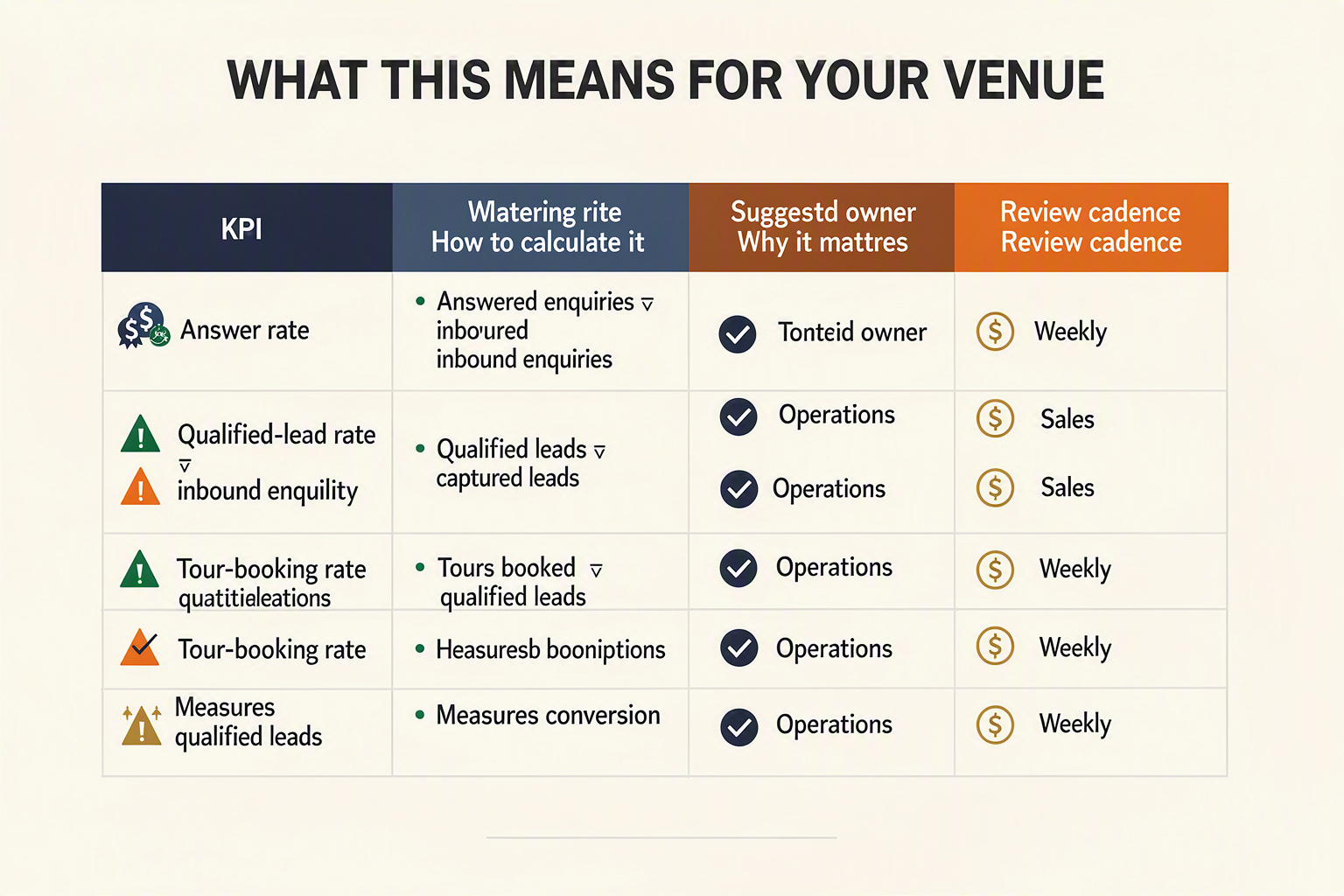 Design an executive KPI table titled WHAT THIS MEANS FOR YOUR VENUE with columns labeled KPI, How to calculate it, Why it