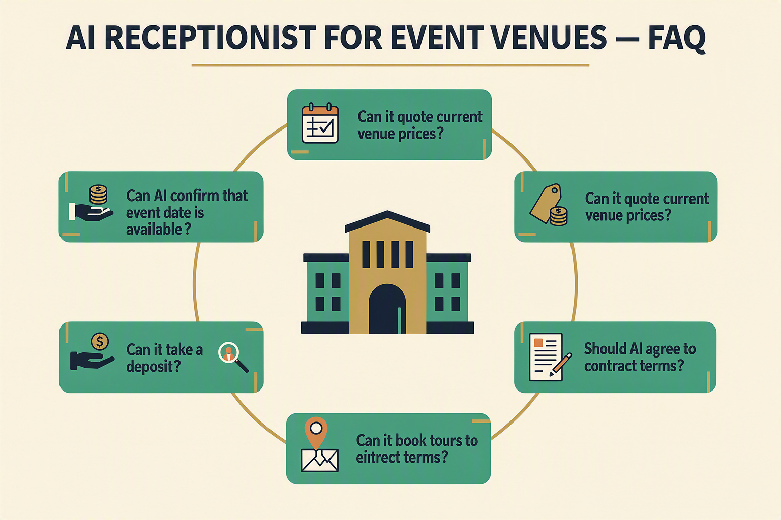 Create an FAQ knowledge graphic titled AI RECEPTIONIST FOR EVENT VENUES — FAQ arranged as eight rounded question cards