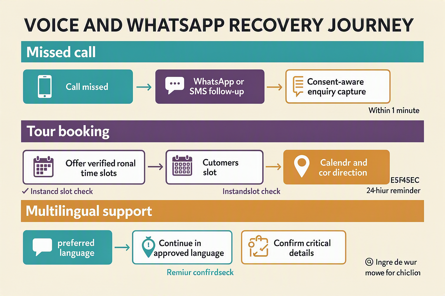 Build a three-lane customer journey titled VOICE AND WHATSAPP RECOVERY JOURNEY