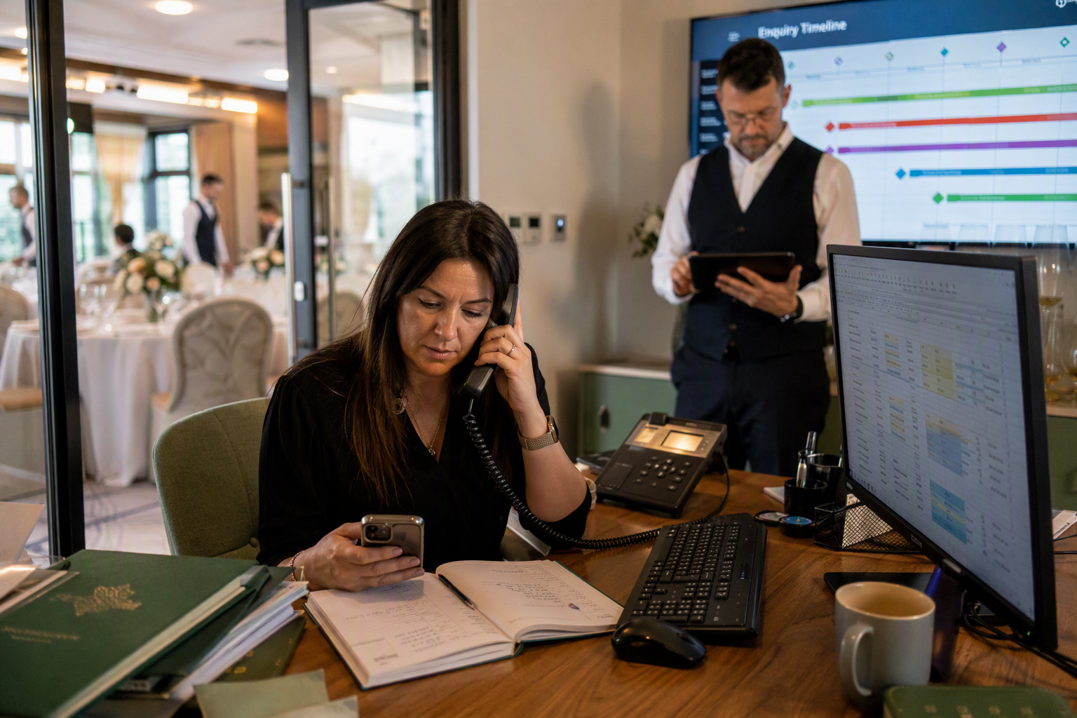 Show a busy venue sales office during peak enquiry season, with a coordinator switching between a ringing desk phone,