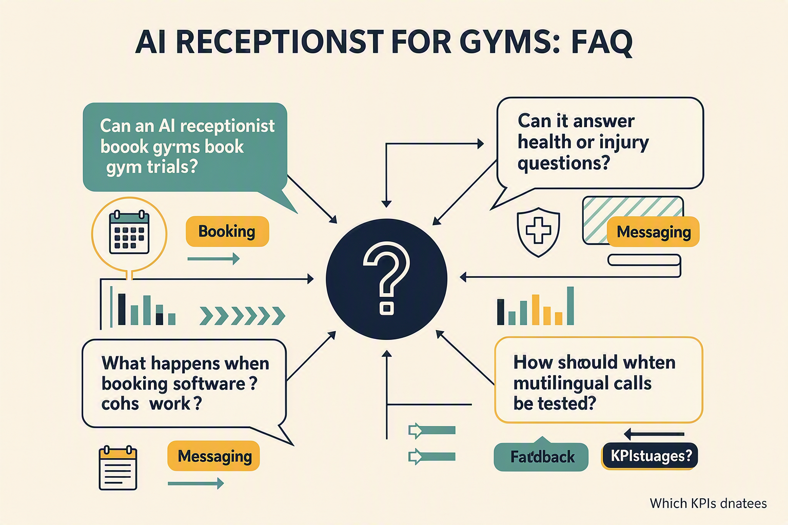 A structured FAQ knowledge-map infographic titled AI RECEPTIONIST FOR GYMS: FAQ