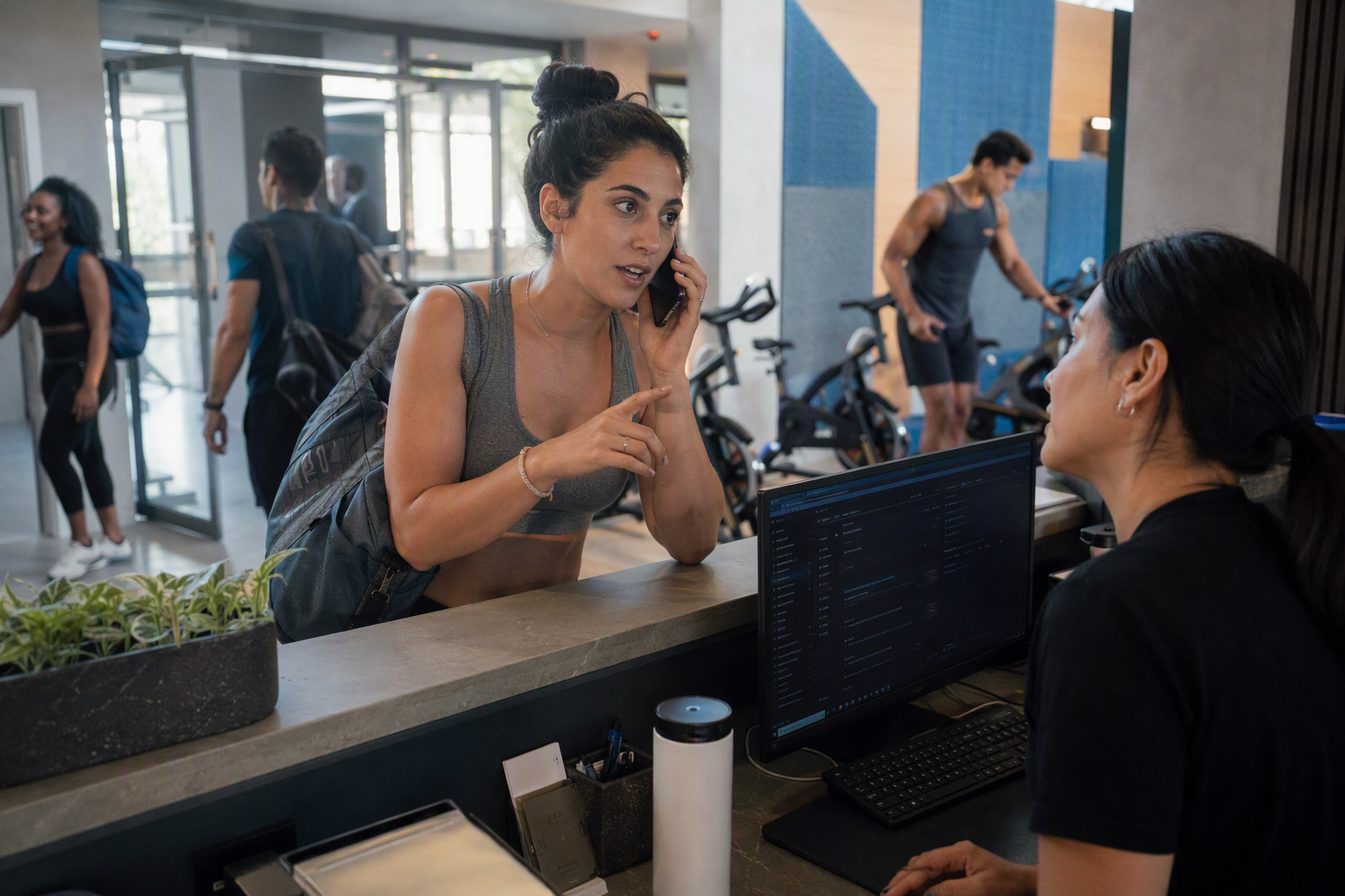 A lively boutique fitness reception during a busy morning, showing a prospective member speaking naturally on a mobile phone