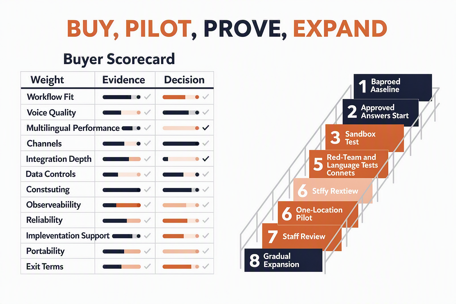 A combined buyer-scorecard and phased-rollout infographic titled BUY, PILOT, PROVE, EXPAND