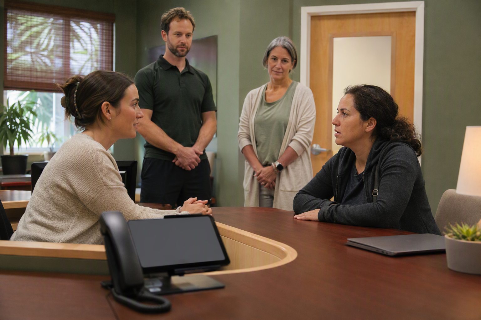A calm private handoff scene inside a wellness center, where a front-desk employee receives an escalated conversation from